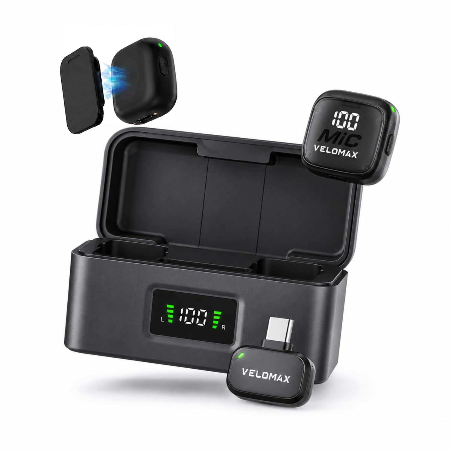 VELOMAX Wireless Mic for YouTube, Mic for YouTube Wireless Type-C with 2 Mics & Charging Case, Magnetic Clip Mic Wireless, Noise Reduction, 164FT Range, 64H Battery for Vlogging Recording-picture-19
