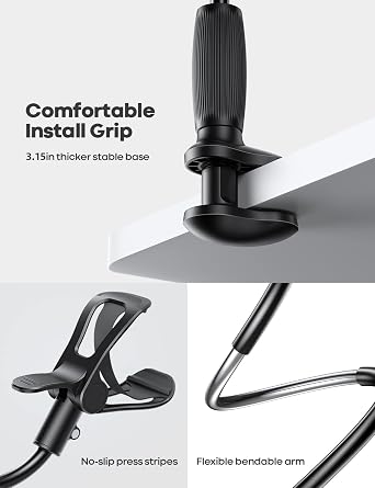 Lamicall Gooseneck Phone Holder for Bed - [Upgraded Stable Clip] for Desk, Headboard, Bed, Bedside, Table, Flexible Gooseneck Long Arm Stand, Overhead Cell Phone Clamp Mount, Gift for All 4-7 Device