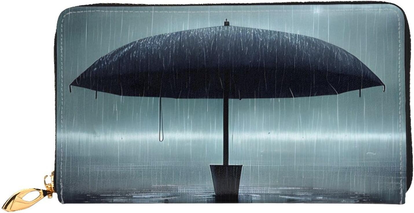 Black umbrella in the rain Long Zip Around Wallet for Women, Large Capacity RFID Leather Wristlet Wallet with 12 Card Slots Coin Purse, Fashion Clutch Purse with Wrist Strap