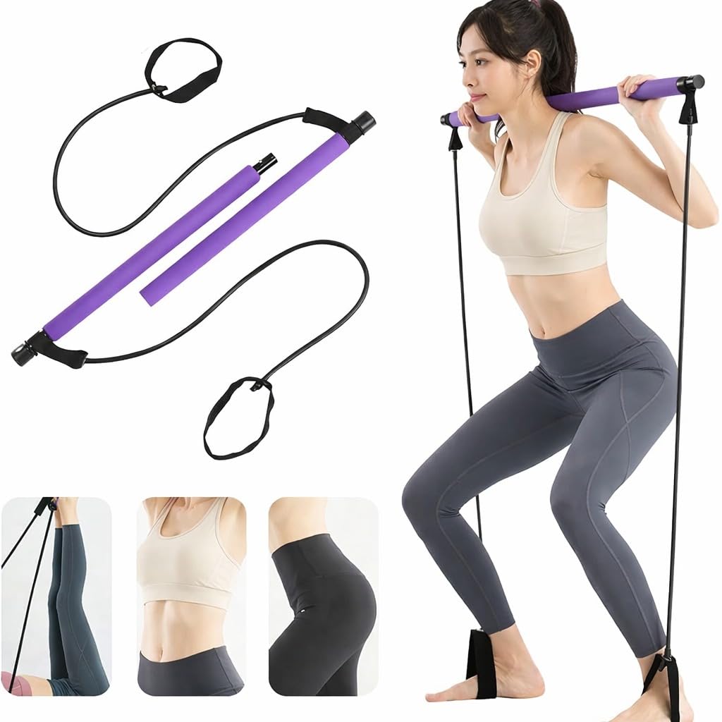 Portable Pilates Bar with Resistance Bands, Multifunctional Exercise Toning Stick for Home Workouts, Full Body Fitness Training Bar for Yoga, Pilates, Squats, Arms, Legs, Glutes and Core (Purple)
