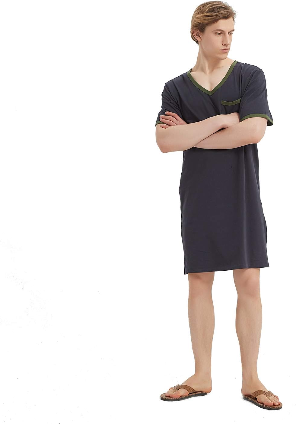 Godsen Men's Comfort Sleepwear Short Sleeve Nightshirt Sleep Shirt (XL, Deep Blue)