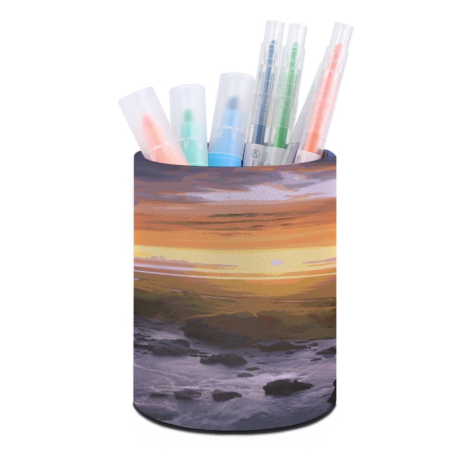 LDGSUPH Waterfall at Sunset Round Pen Holder Leather Pen Cup Pencil Cup Pen Organizer Pencil Holder for Desk Organizer Pencil Organizers Makeup Brush Holders for Home Office Gift