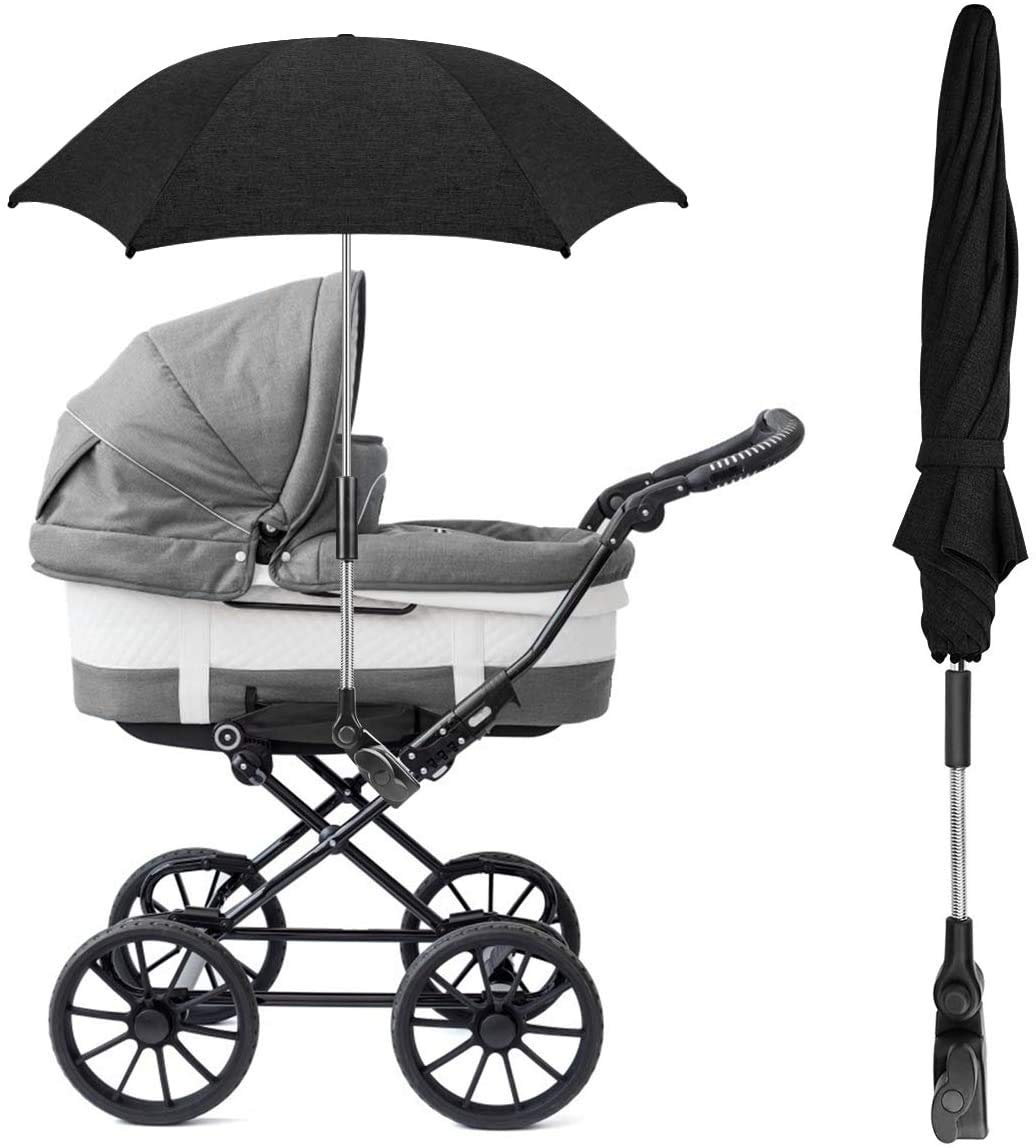 RIOGOO Uniwersalny parasol do wózka dziecięcego, 50+, UV, ochrona przed słońcem, z uchwytem parasola, czarny