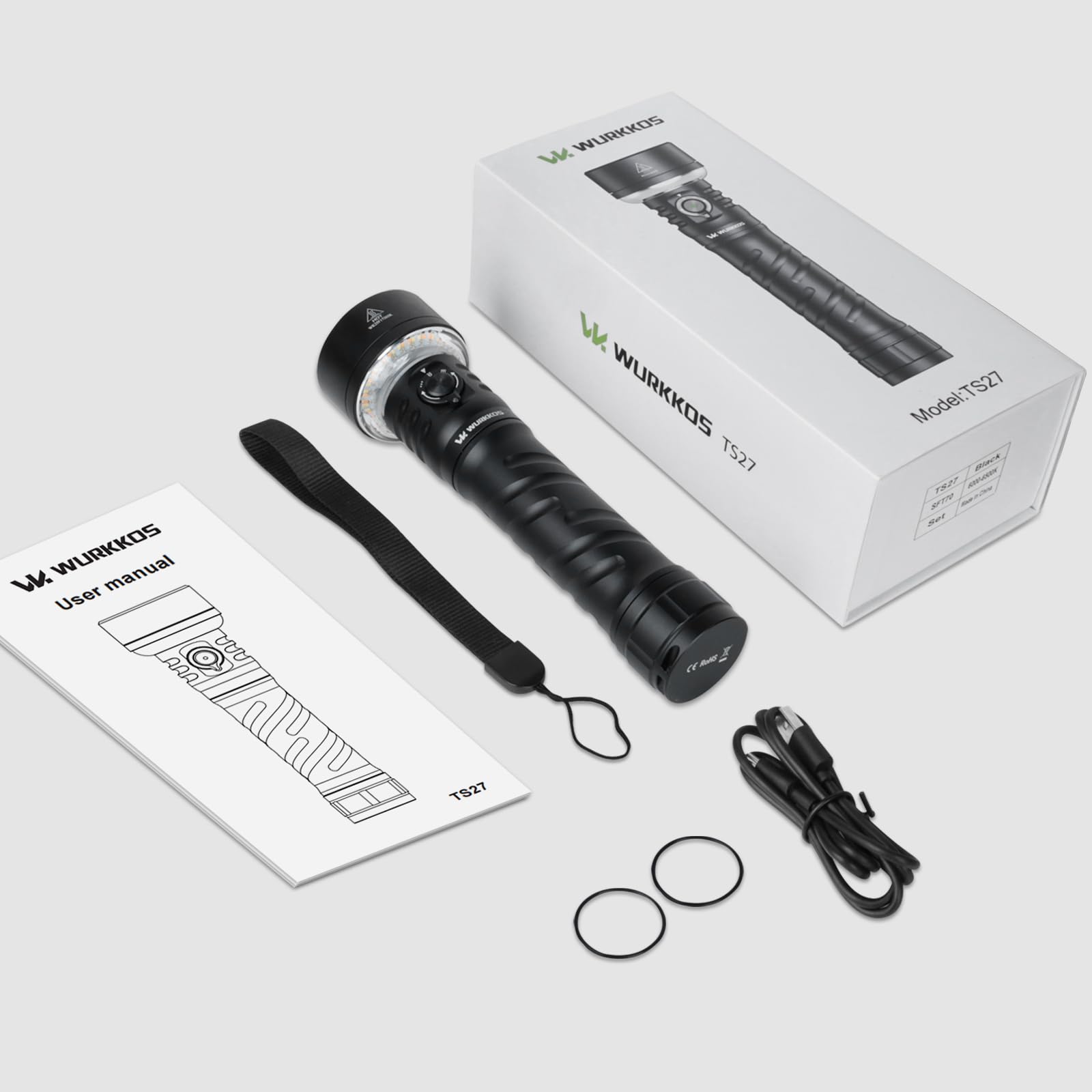 Wurkkos TS27 Linterna LED recargable con luz bidireccional, 3200 lúmenes | 845 metros linterna largo alcance, recargable USB Tipo-C, 3 modos de luz, impermeable IP68 para camping y emergencias