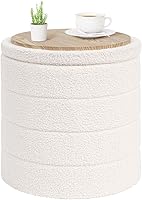 PINPLUS Boucle Round Storage Ottoman with Tray - Folding Footrest Stool, Soft Velvet Sherpa for Bedroom, Living Room, Dorm - White