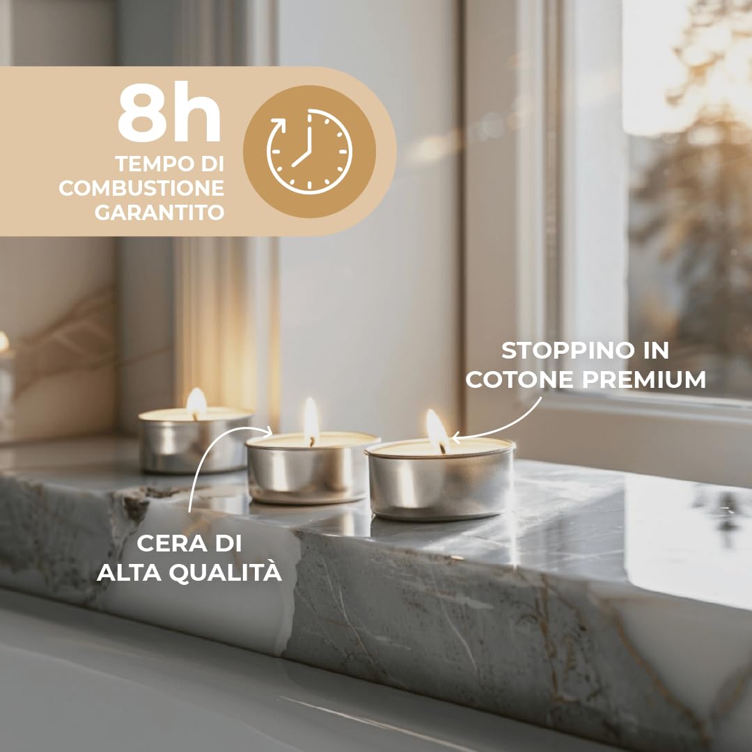 Horeca Candles - Candele Tealight Bianche - 8 Ore di Durata - Set da 200 Candeline Non Profumate - Tea Light Piccole Rotonde - Lumini per Matrimonio, Decorazione, Gastronomia