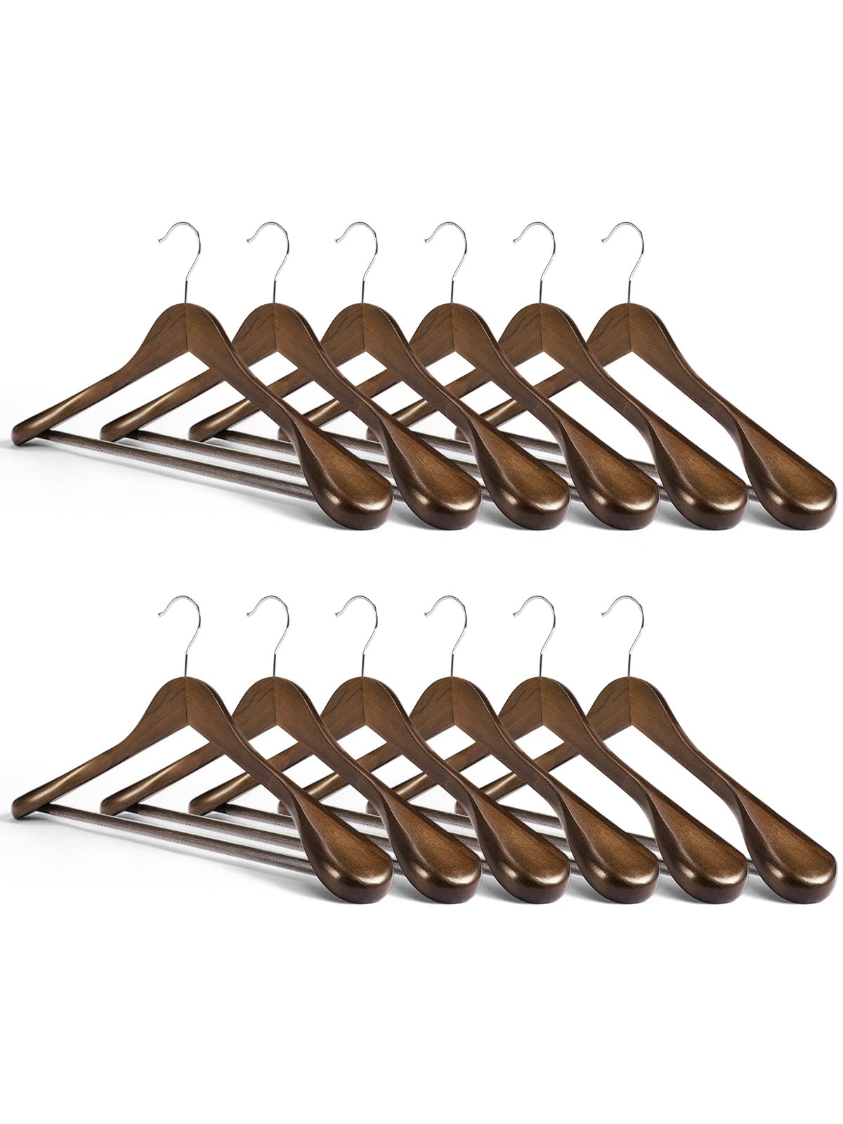 SMARTOR Wooden Suit Hangers, 12 Pack - Wide Shoulder Wood Coat Hangers with Non Slip Pants Bar, Wooden Hanger for Suits, Coats, Jacket, Wood Hangers As Heavy Coat Hangers Set with Notches - Walnut
