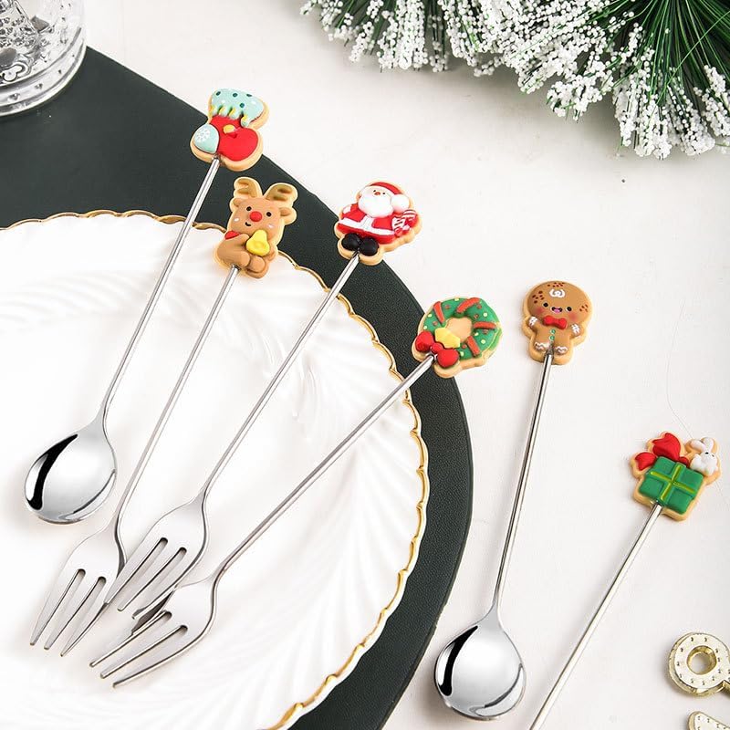 Silverware Flatware Set, 2/8/12/16 Pieces Christmas Series Stainless Steel Spoon Dessert Spoon Cartoon Fruit Spoon Ice Cream Spoon Coffee Spoon(Gold,16 Pieces for 8)