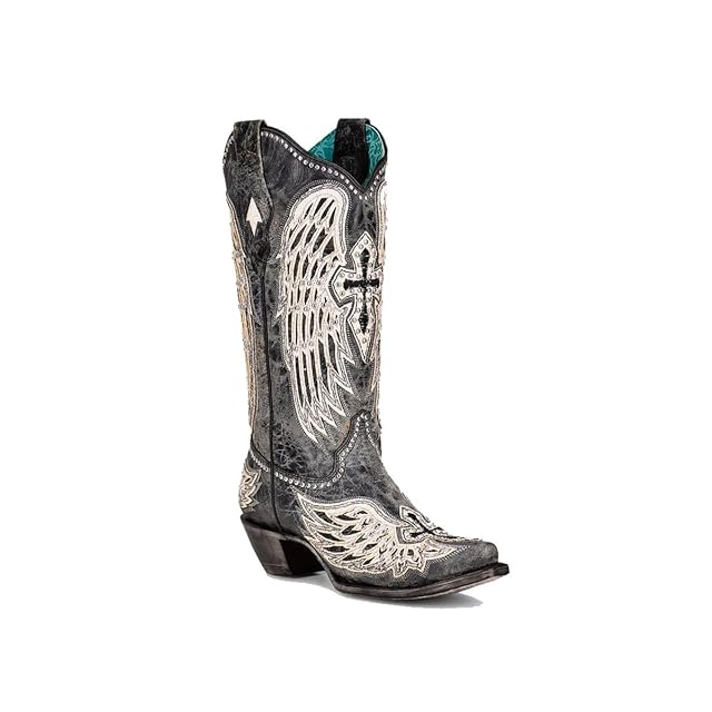 CORRAL LADIES BLACK CROSS WINGS OVERLAY STUDS SNIP TOE LEATHER SOLE WESTERN A4232