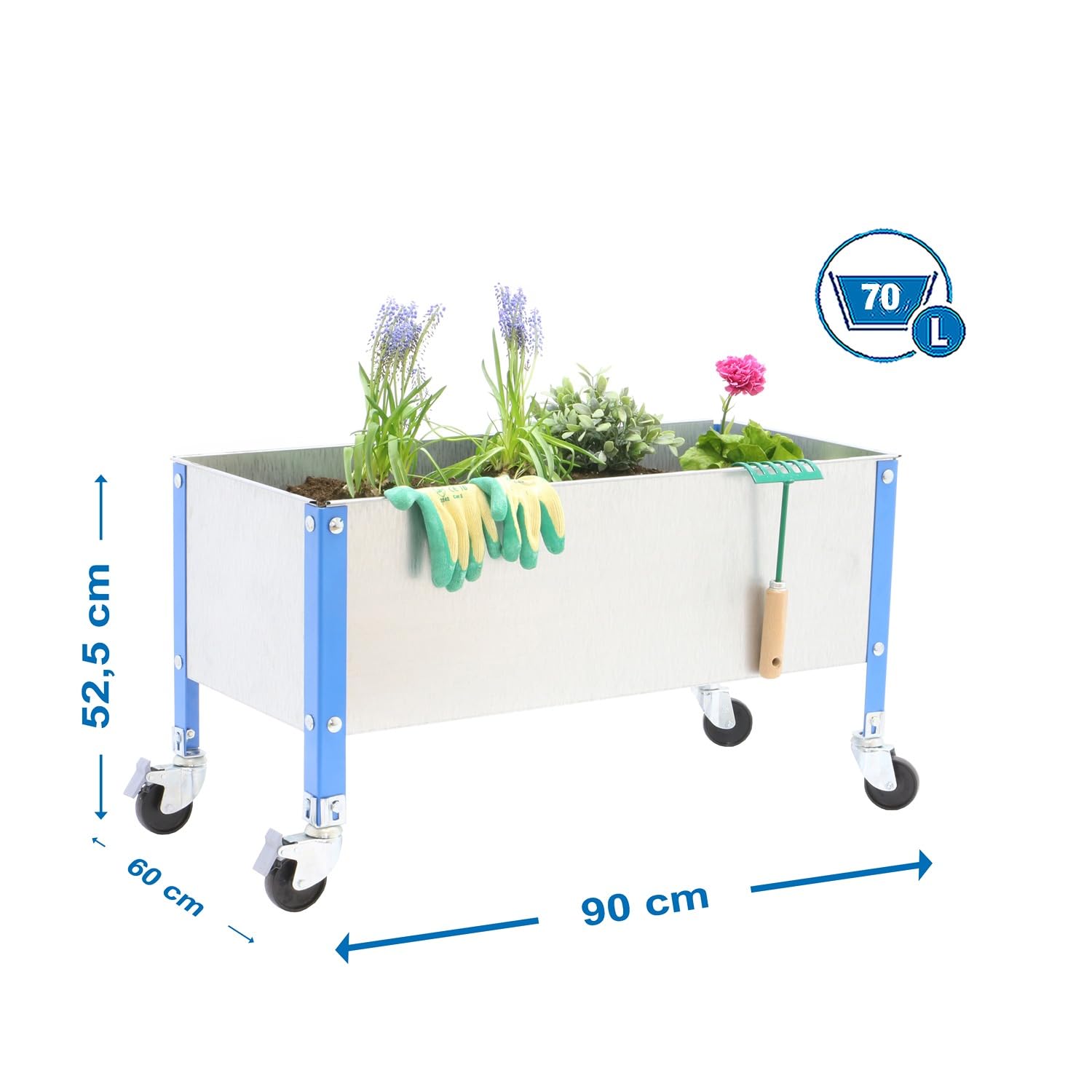 Simon Rack Huerto Urbano Terraza Exterior, Agujeros Drenaje, Capacidad 70 L, 485x900x600 mm, Huerto Metálico con Ruedas, Azul/Galva -Simon Garden