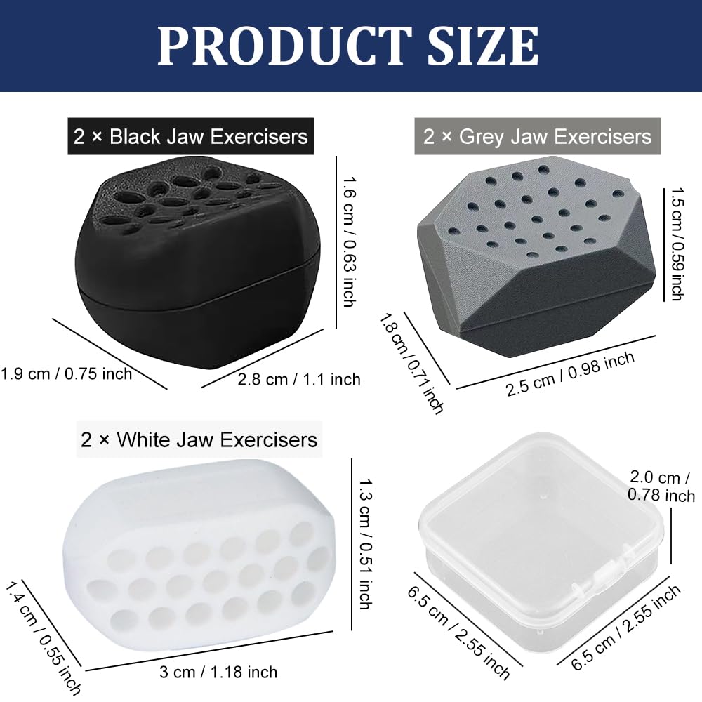 Ejercitador de mandíbula, kit de entrenamiento de mandíbula mejorado de 6 piezas con caja, 3 estilos de silicona para ejercitar, herramienta de entrenamiento de masticación, fortalecedor