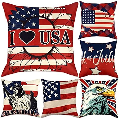 6PCS 4th/Fourth of July Decorations Patriotic Pillow Covers 18x18, Independence Memorial Day Party Decor for Home (Not Included Filler) Cover