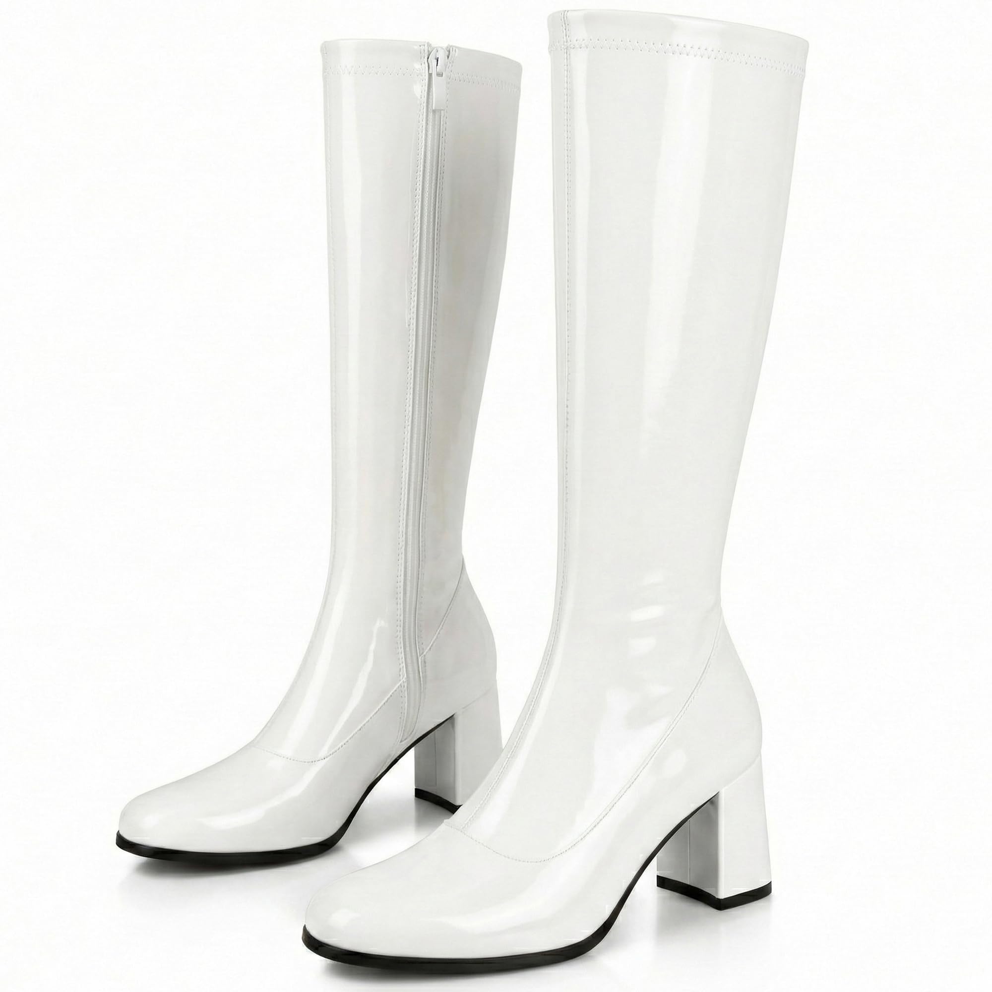 Ladies Womens Fancy Dress Party Go Go 1960s & 1970s Retro Look Girls Shoes | Lady Costume Heels Boots Zip Closure In Patent Colors Mid Block Heels 2.5inch Size 3uk - 12uk