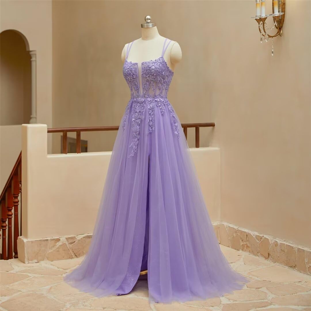 Rjer Lace Applique Sparkly Tulle Prom Dresses for Women with Slit Spaghetti Straps Backless A Line Long Corset Ball Gown