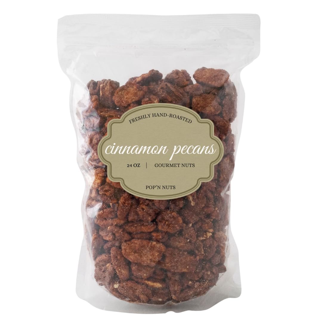 Cinnamon Roasted Pecans 24 oz (1.50 lb) - Candied Pecan Glazed with Cinnamon to Satisfy Any Sweet Tooth - Artisan Hand-Roasted Sweet Nuts by Pop’N Nuts