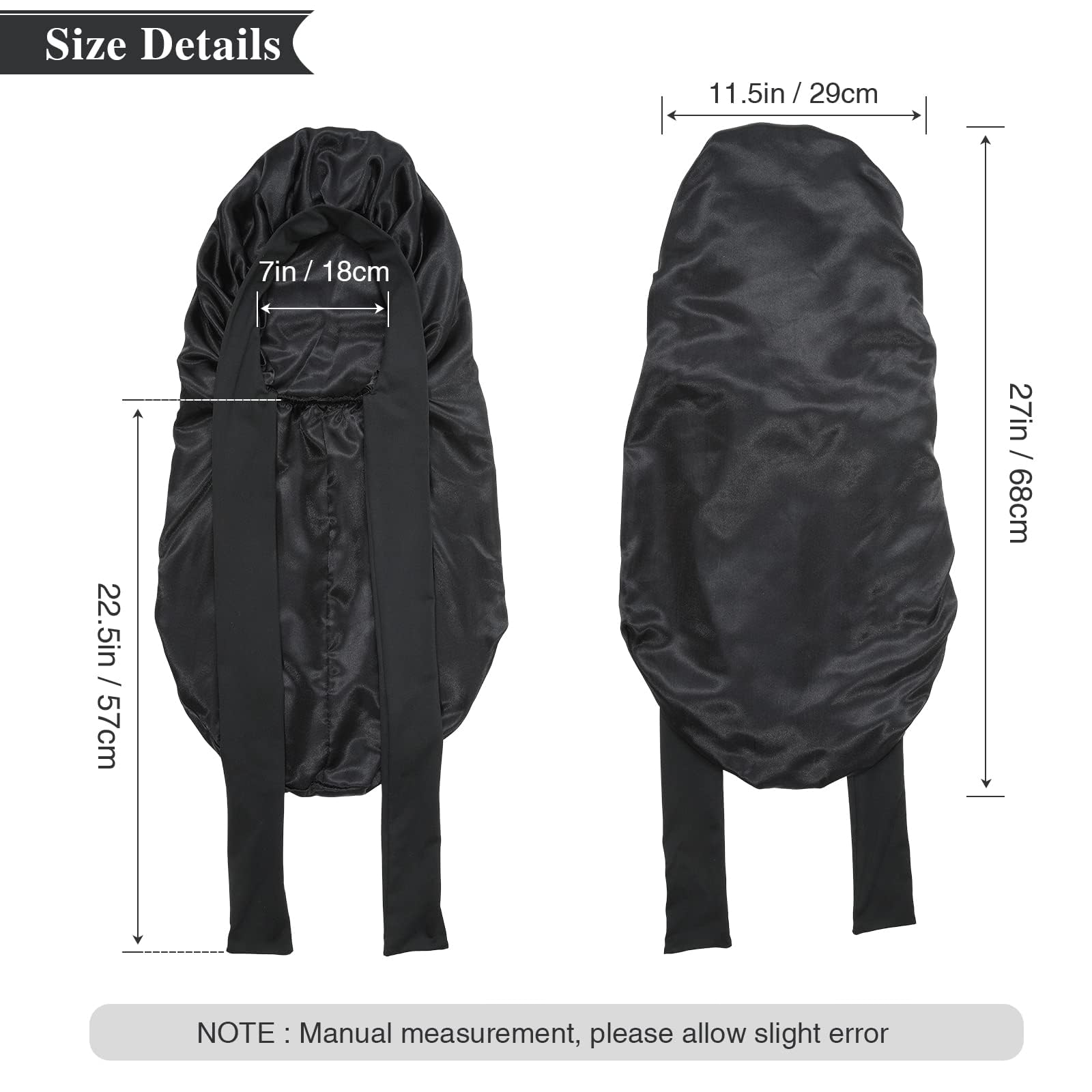 Joyzzz Long Satin Bonnets for Women, Double Layer Elastic Silk Bonnet with Ties Band, Adjustable Ties Jumbo Size Sleep Bonnet Cap, Satin Silk Shower Cap for Long Hair, Braids, Curly Hair (Black)