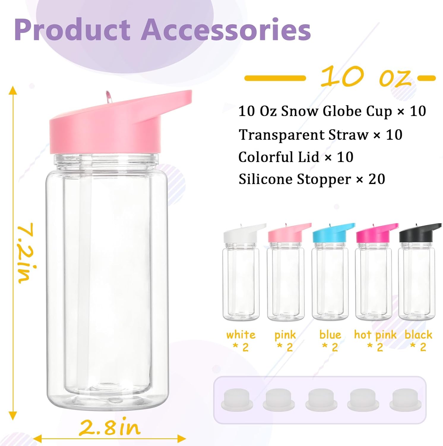 10 Pack 10 Oz Plastic Snow Globe Tumbler for Kids with Pre-Drilled Hole and Plug, Leak Proof Double Wall Snow Globe Sports Water Bottle with Portable Handle for Glitter DIY Gift, Mixed Color