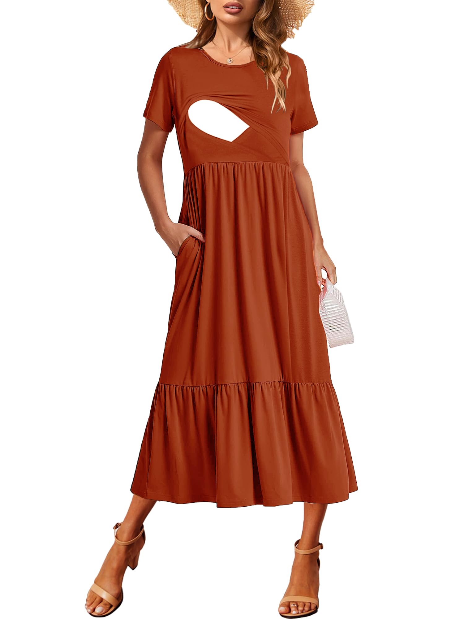 CzzzyL Women Nursing Short Sleeve Crew Neck Fall Dress Maternity Flowy Maxi Dresses Tiered Cocktail Dress with Pockets