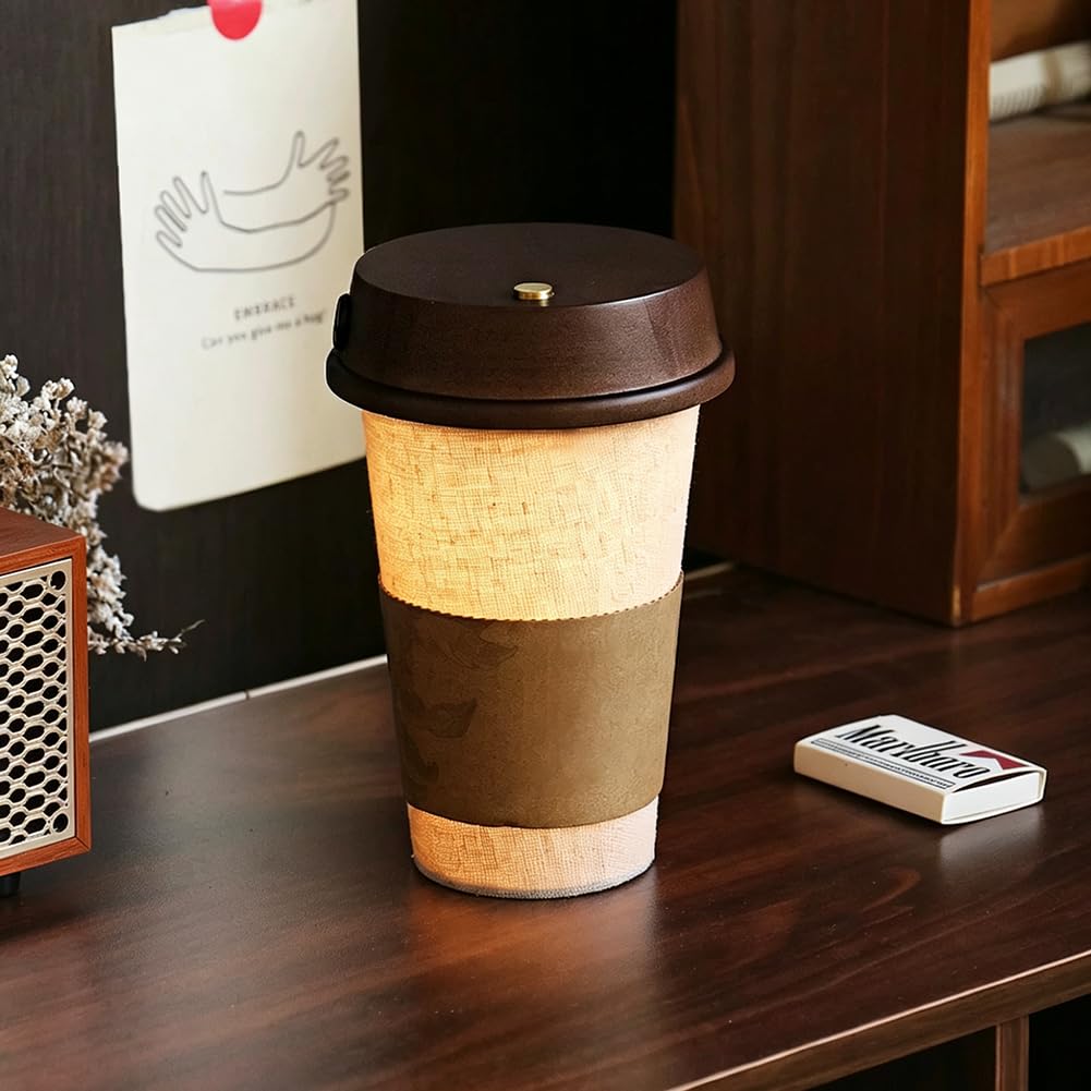 Kaffeetasse Nachttischlampe mit Touch Schalter Dimmbar Kabellos Tischlampe Holz + Stoff Lampenschirm Nachtlicht Kaffeetassen Dekorative Lampe Batterie Beleuchtung Innen Cafélampe
