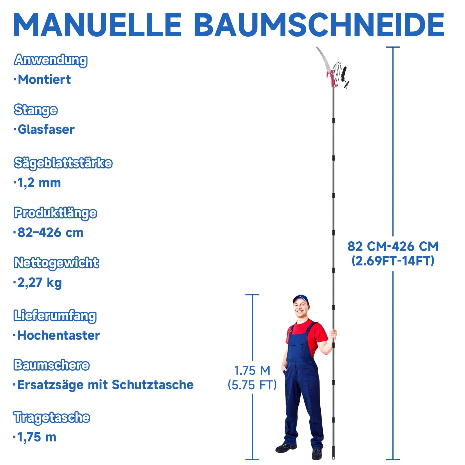 Astschere Teleskop, 82-410cm Teleskop Astschere, mit Teleskopstiel, Einstellbare Länge Seilzug Gartensäge Baumsäge, Leichter Edelstahl Teleskopsäge Hochentaster, Manuell Baumschere für hohe Äst