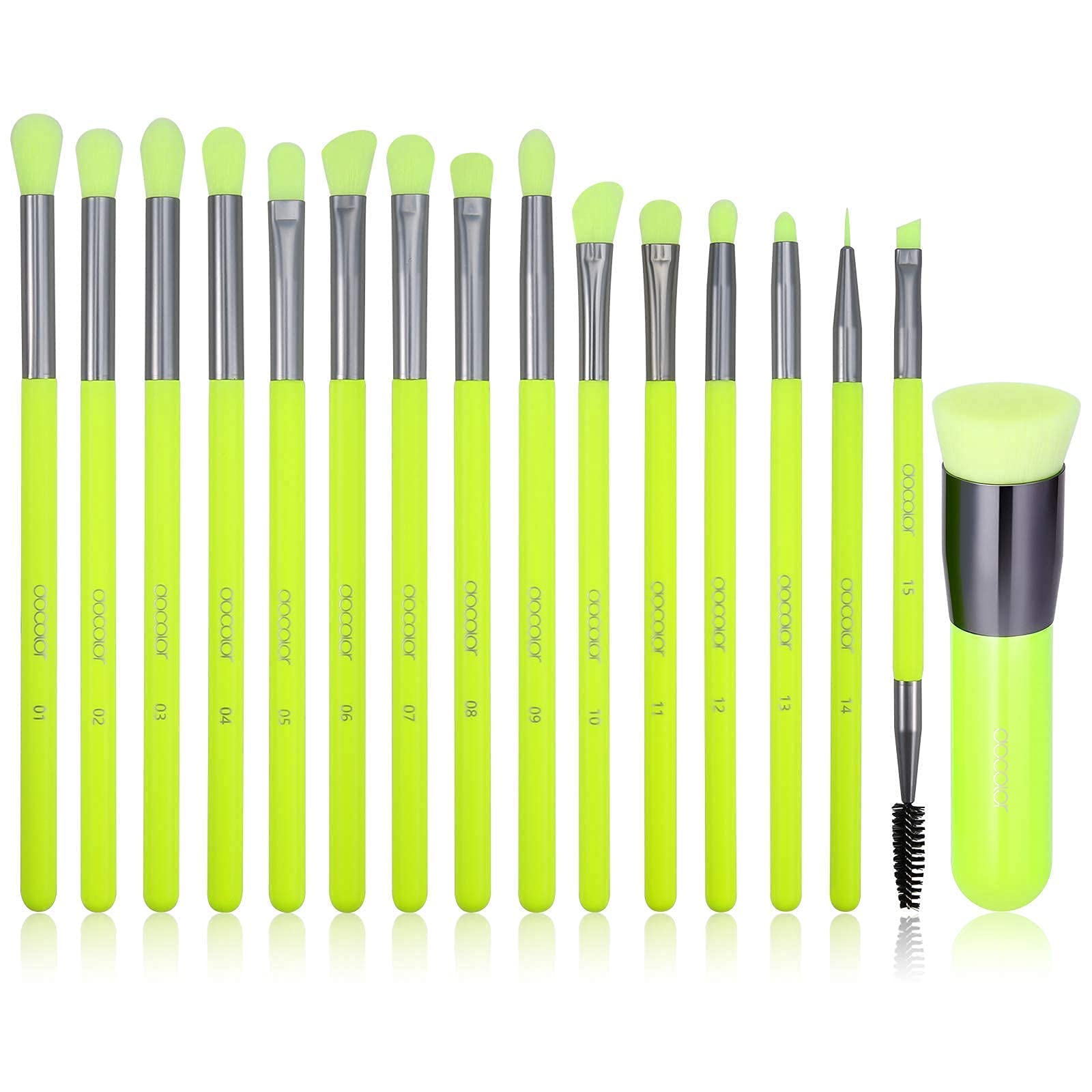 Docolor 15 Pcs Eyeshadow Brushes + Flat Top Kabuki Foundation Brush Professional Makeup Brushes Eye Shadow Concealer Eyebrow Eyelash Eye Liners Blending Make Up Brushes with Wooden Handles Neon Green