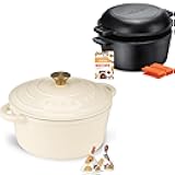 Enameled Cast Iron Dutch Oven 4.5QT white + Overmont 2 in 1 Pre Seasoned Dutch Oven combo
