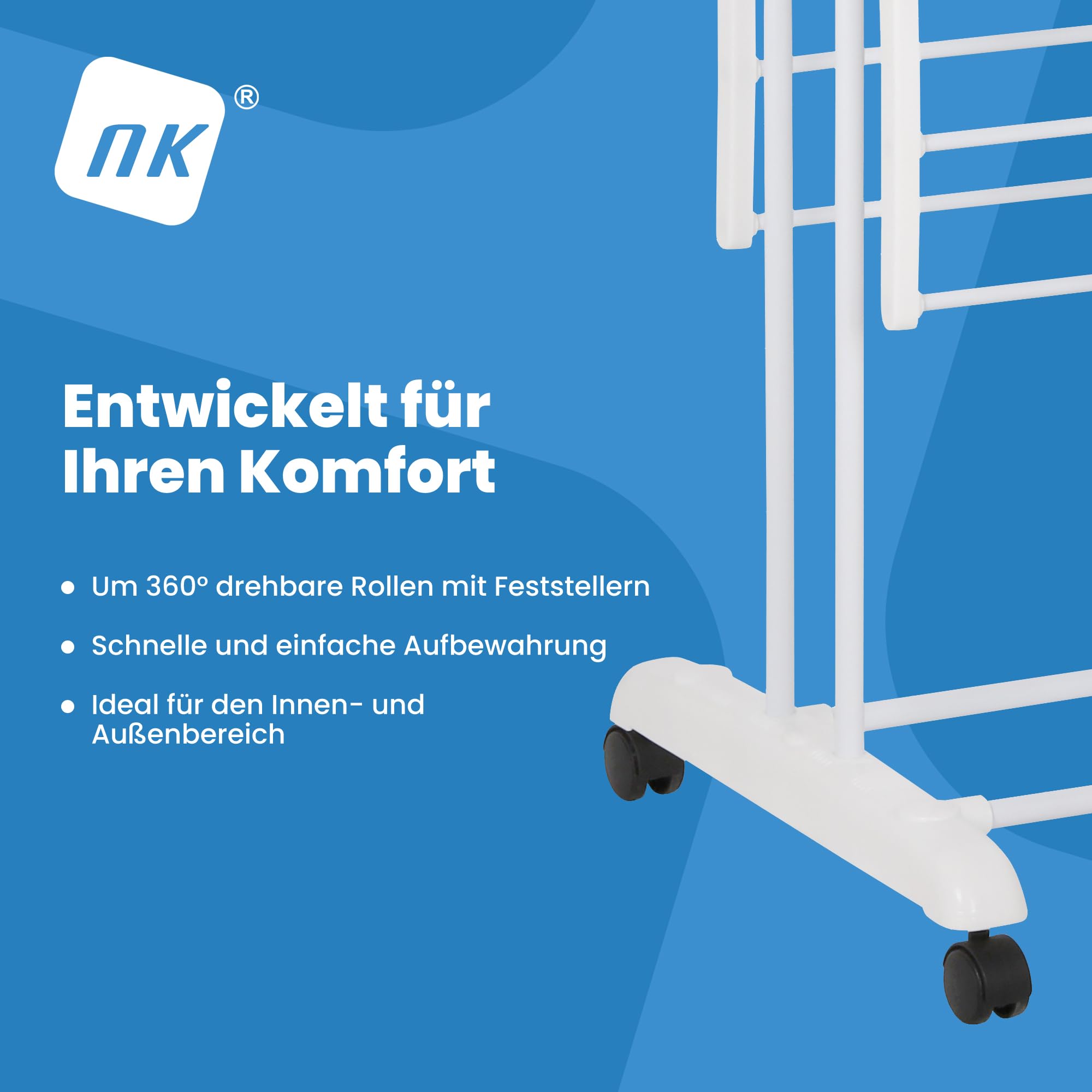 NK Wäscheständer Wäschetrockner Turm mit Rollen und 4 Ebenen – 6 Ausziehbare Ablagen + 2 Seitliche Flügel mit Bügelhalter + Schuhablage, 360° Rollen, Farbe Weiß (19m Wäsche)