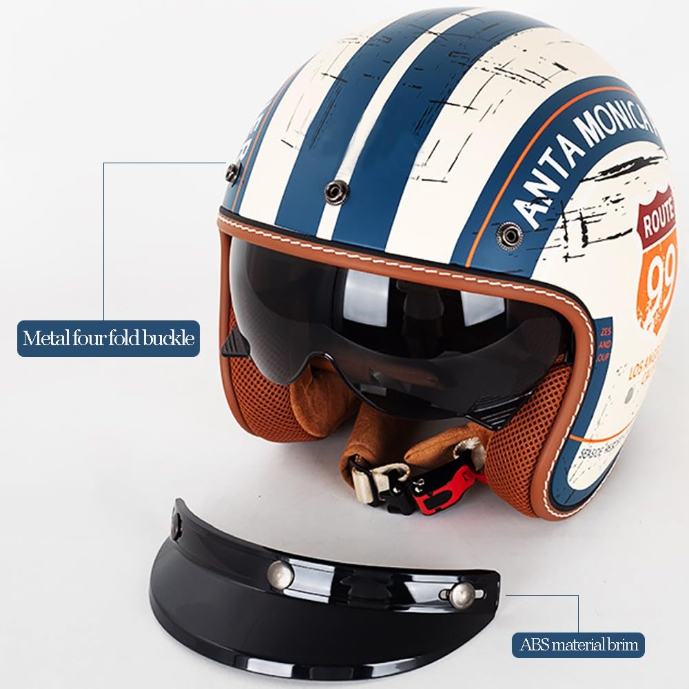 Casco de Moto de Cara Abierta Retro, ECE Homologado, 3/4 Jet Cascos de Protección con Visera Solar para Unisex Motocicleta Bicicleta Scooter Medio Casco (57CM~66CM)
