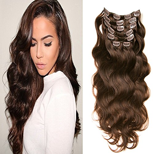 Clip in Hair Extensions, XUANMEI-7pcs 70 gram 100% Virgin Brazilian Body Wave, Fashion Human Hair Full Head Weave Double Weft with 16 Clips Thick, Soft for Women Beauty (#2 Dark Brown) (18)