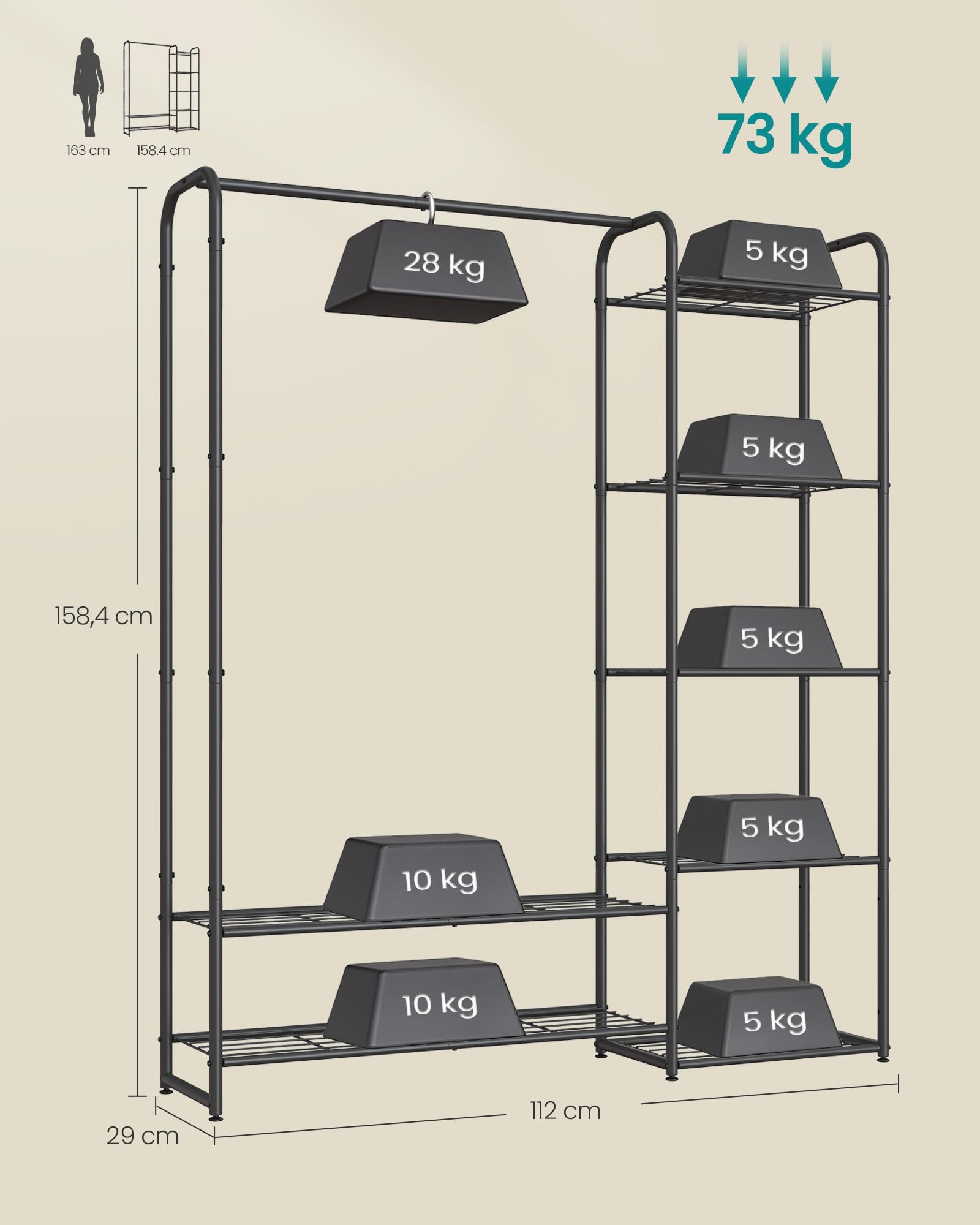 SONGMICS Kleiderständer, offener Kleiderschrank, Kleiderstange, Garderobenständer mit Ablagen, Garderobe aus Metall, freistehend, 29 x 112 x 158,4 cm, mattschwarz LGR462B01