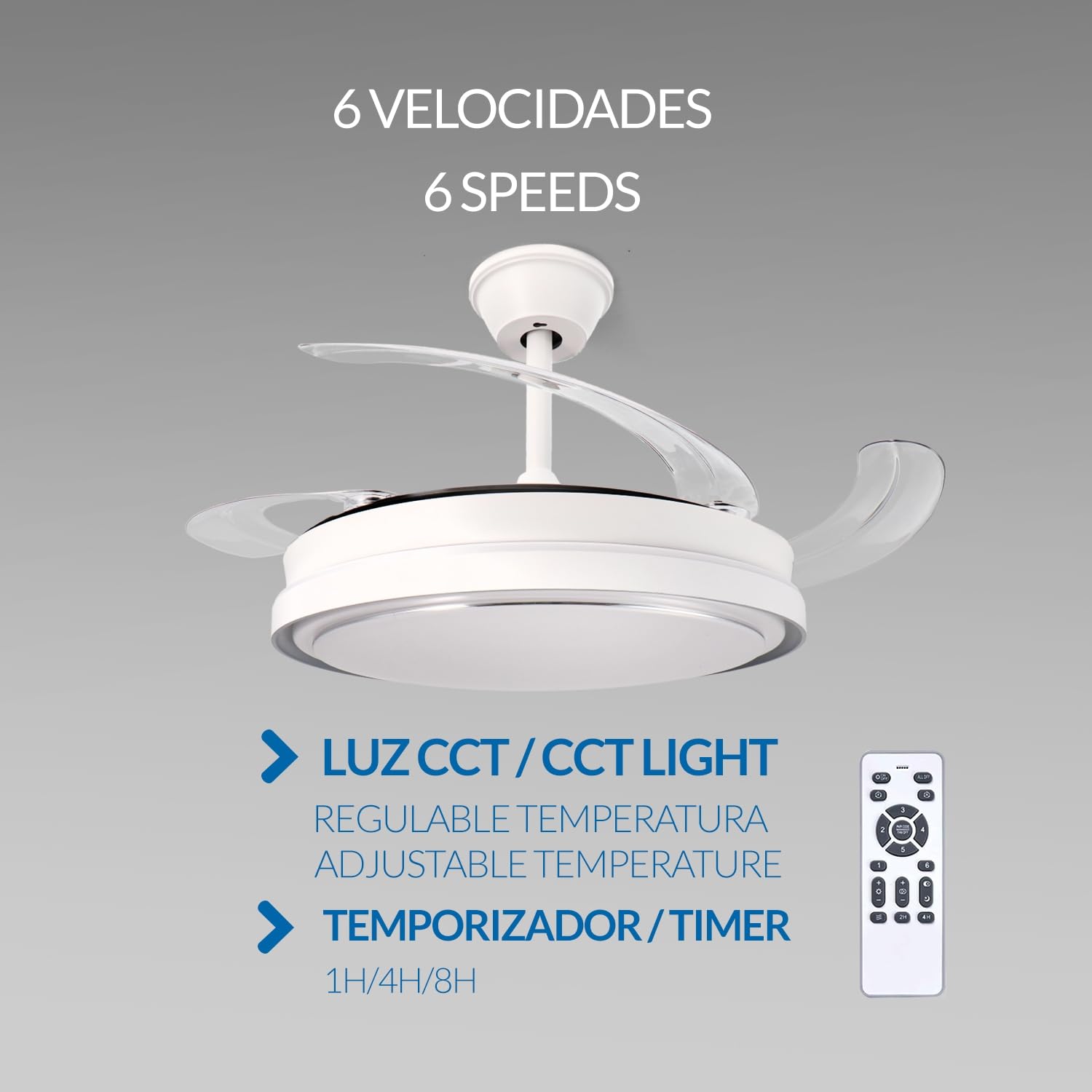 M mimotec -Ventilatore da Soffitto White Hood 70W con Luce LED Regolabile CCT, Motore DC 30W a Basso Consumo + LED 40W, 6 Velocità, Silenzioso, 4 Pale Retrattili, Estate/Inverno, Timer, Telecomando