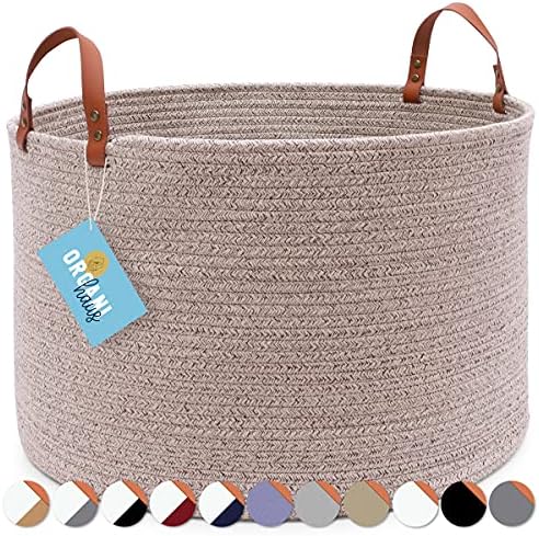 OrganiHaus Brown Large Storage Baskets for Organzing 20x13 | Large Woven Laundry Basket | Blanket Basket for Living Room | Round Basket for Shoes | Cotton Rope Basket for Entryway w/Leather Handles