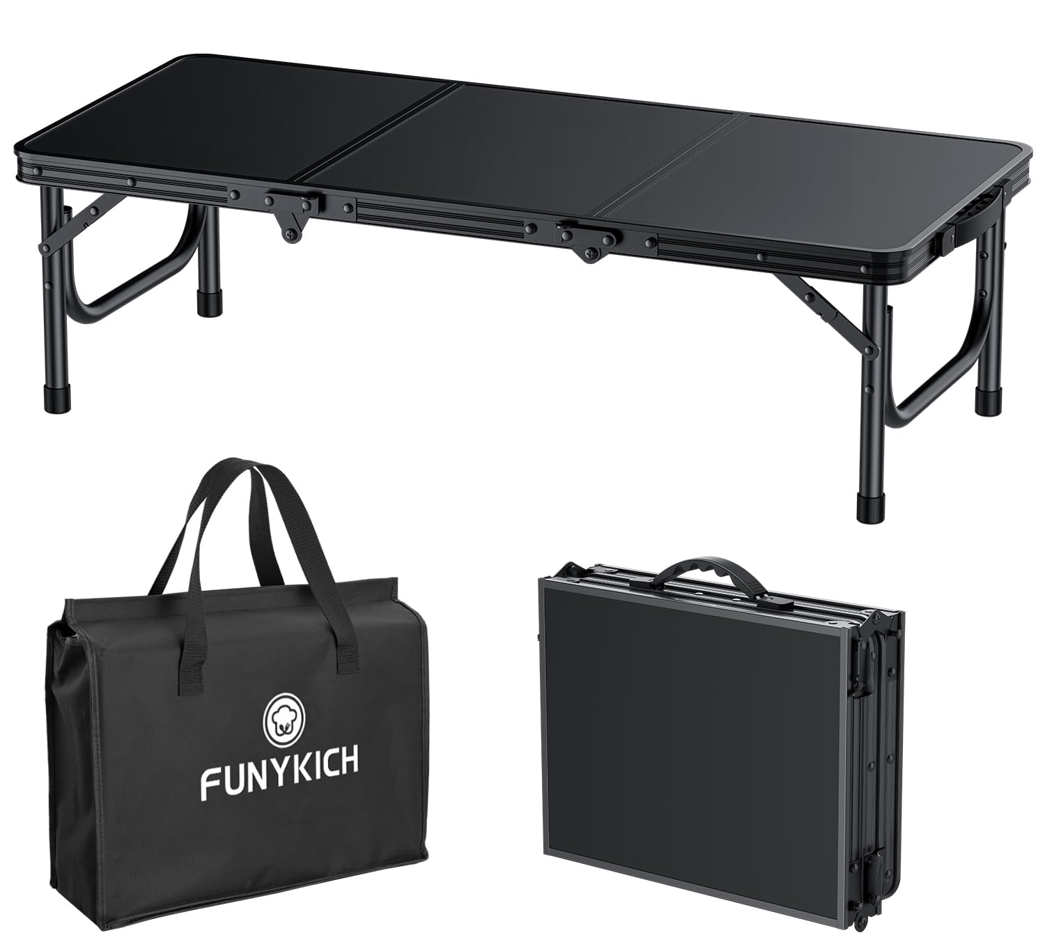 FUNYKICH 3ft Klappbarer Campingtisch 87x40x26cm, Kleiner Faltbarer Klapptisch mit Tragetasche, Aluminium Tragbar Falttisch, MDF Platten Multifunktionstisch für Picknick Camping Strand Balkon, Schwarz
