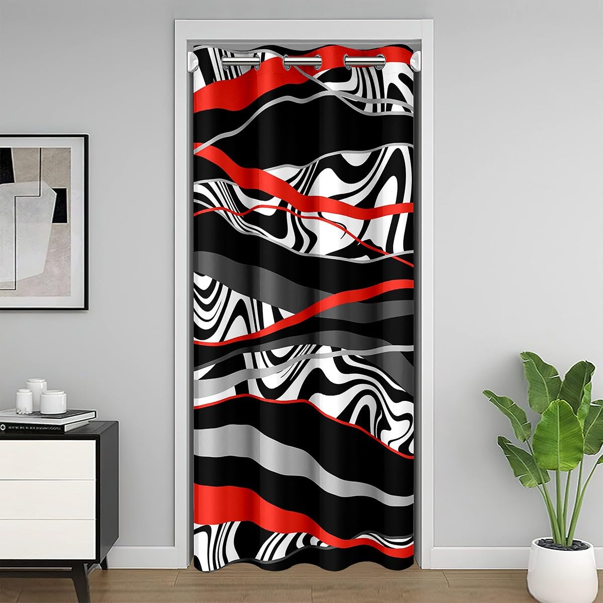 Richhome Multi 10 Wild Zebra Print Door Curtain For Privacy,Red Black Lines Room Blackout Curtain 1 Panel,34"W X 80"L,Modern Artwork Room Divider Blackout Curtain