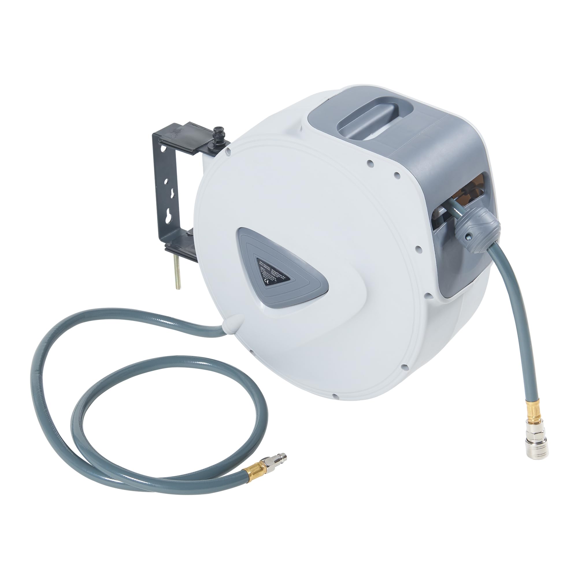 pro.tec Druckluftschlauchtrommel Nassau 180° Schwenkbarkeit Druckluftschlauch 30m + 2m Schlauchtrommel Weiß/Grau Schlauchaufroller zur Wandmontage 1/4 Anschluss automatisch