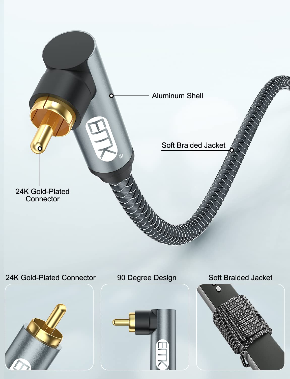 EMK Cavo RCA a 90 gradi, da maschio a maschio, cavo coassiale digitale ad angolo retto, cavo audio RCA a doppia schermatura, con connettori placcati oro, confezione da 2 (5 m, 2 cavi RCA a 90°, nero)