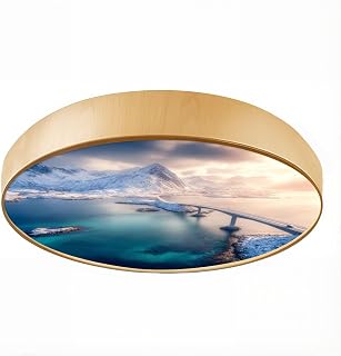 Flush Mount Ceiling Light Fixture Aerial view bridge sea snowy mountains Lofoten Islands Norway Fredvang Dimmable LED Close to Ceiling Light Fixtures Round Lamp for Bathroom Kitchen Bedroom Hallway