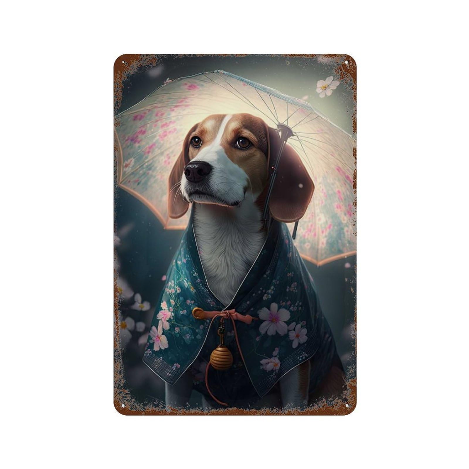 Beagle Japanese Kimono Weathered Tin Sign 11.8"x7.9", Vintage Wall Decor for Garage, Pub Or Kitchen