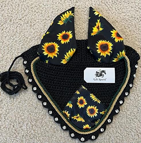 New Sun Flower Horse English Saddle Pad Set with Matching Fly Bonnet Ear Net Veil Hood Cotton Full/Horse Size