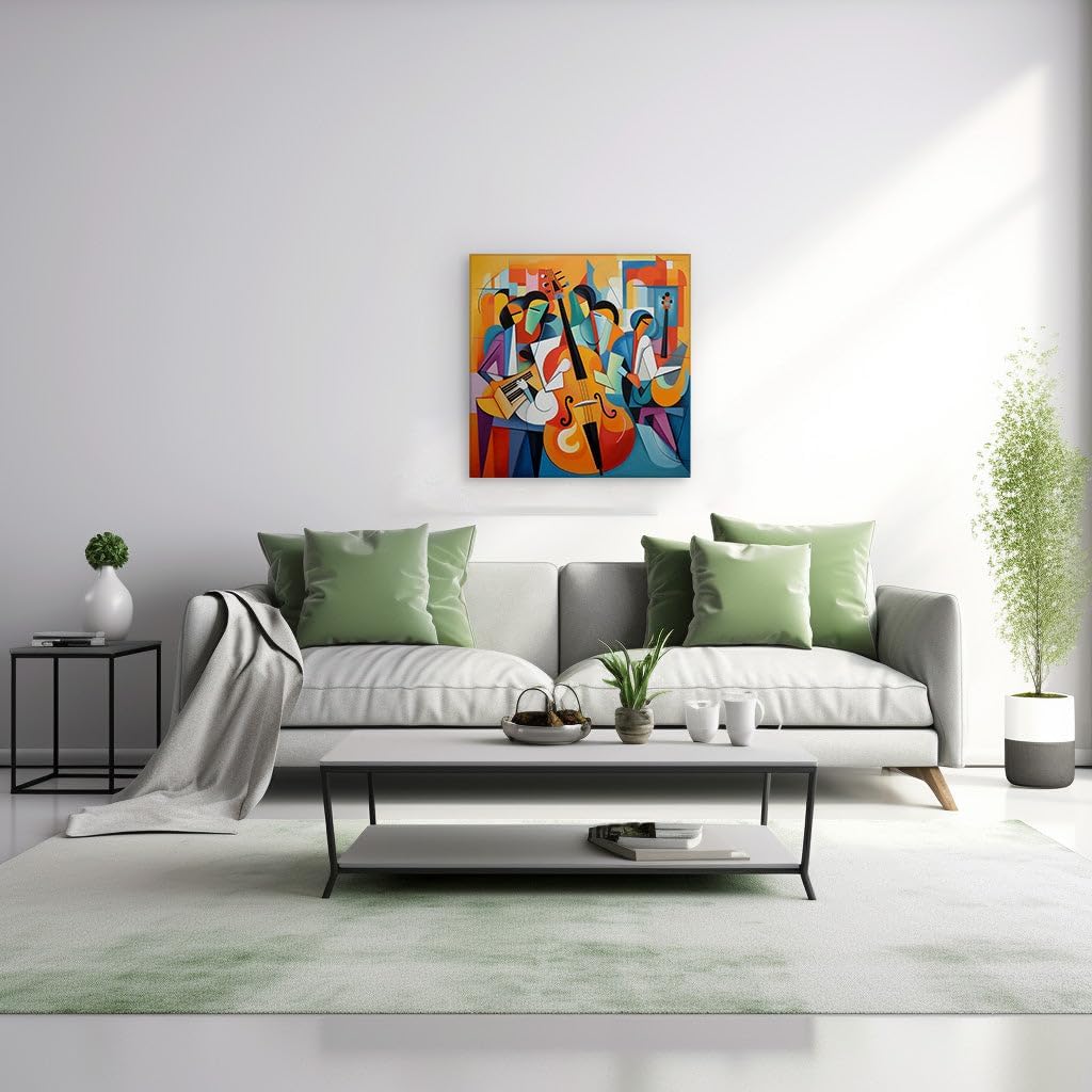 Canvas for Living room. Jazz Rhythms in Geometric Hues: The Vivid Symphony of Cubist Oil on Canvas, 27 x 18 inch Canvas Wall Art - Contemporary Masterpieces - Modern Home Decor
