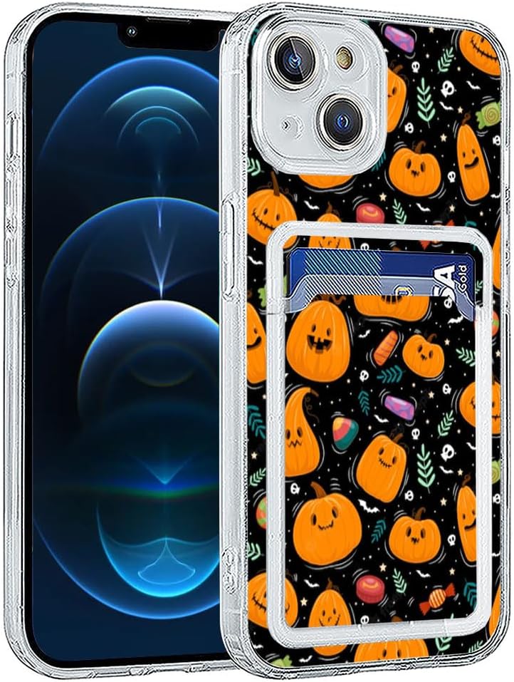 Boho Pumpkin Candy Ghost Halloween Pattern Clear Phone Case Compatible with iPhone 14 with Card Holder,Aesthetic Case for Women Girls,Card Slot Slim Wallet Case iPhone 14 pumpkin2