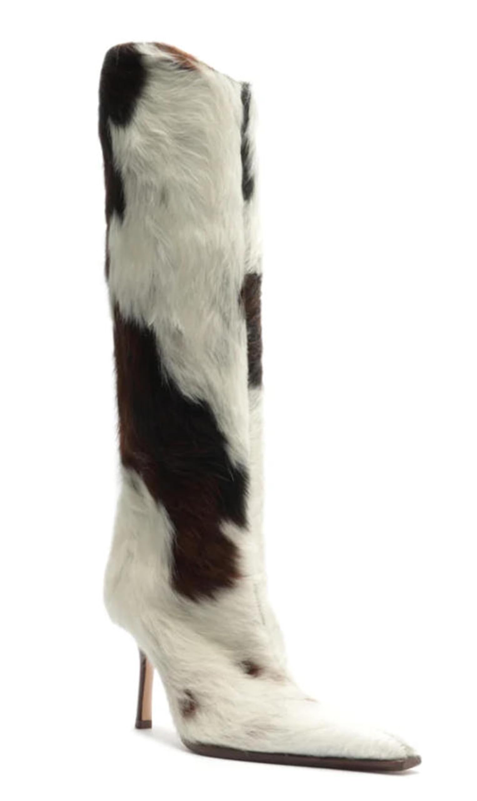 Womens Cow Print Faux Fur Knee High Boots Pointed Toe Stiletto Heel Western Cowgirl Boots with Hair Texture