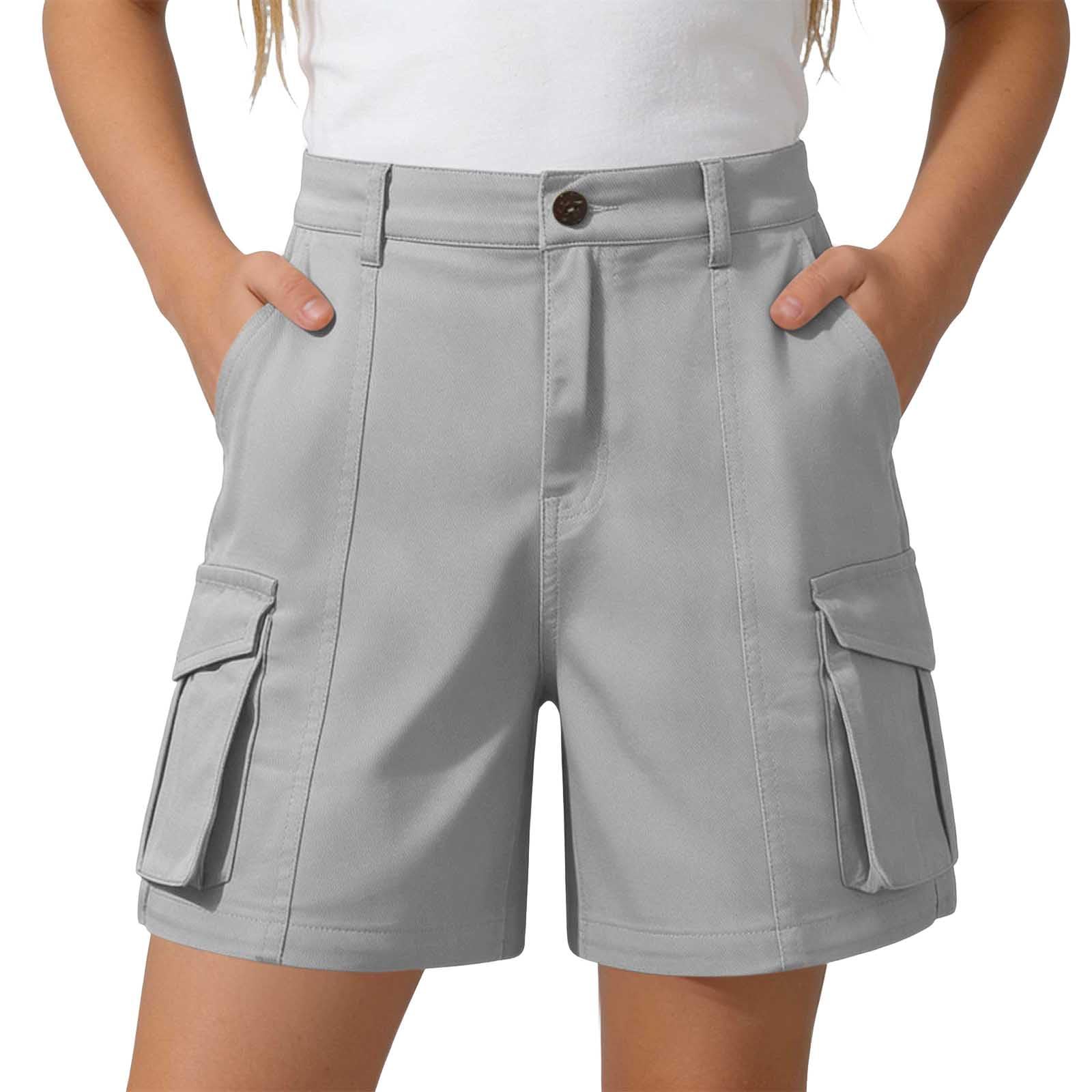 Generisch Kurze Hose Mädchen Sommer Bermuda Cargo Shorts Hohe Taille Cargoshorts mit Elastischem Bund und Taschen Wandershorts Einfarbige Knöpfen Stoffshorts Stretch Casual Cargohose Outdoor Golfhose