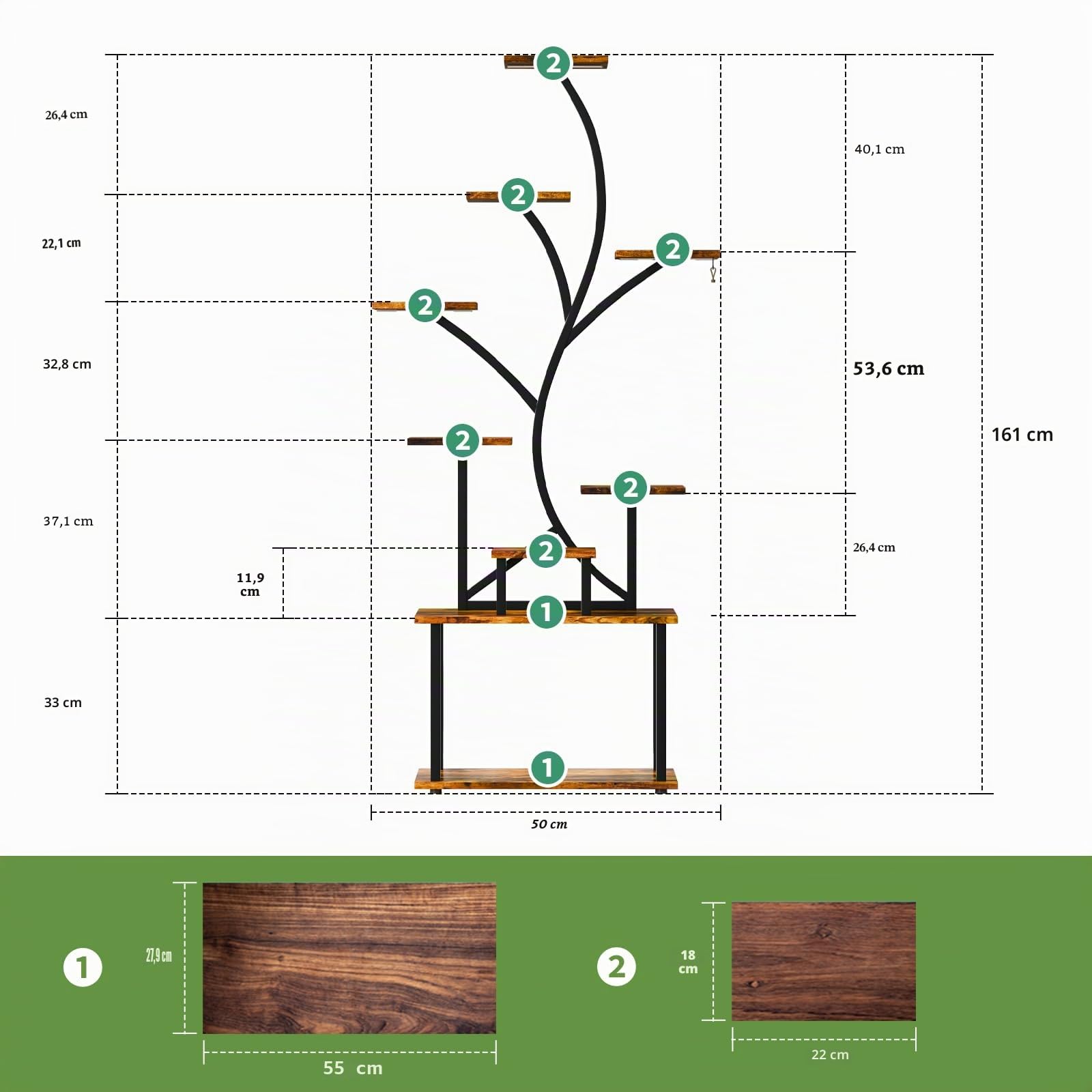 Soporte Plantas Interior de 9 Pisos con Luz de Crecimiento, 161 CM Estanteria para Plantas de Metal Altas Forma de S para Múltiples