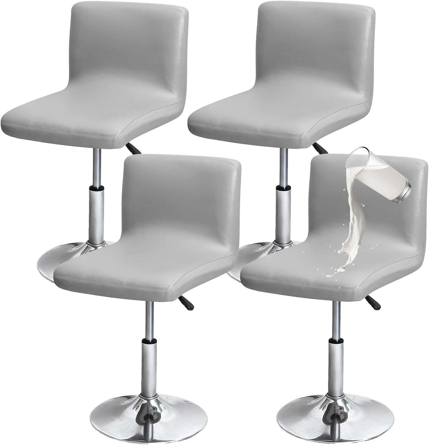 Gollense Stretch Bar Stool Covers with Backs, 4 Pack Waterproof PU Leather Pub Counter Dining Chair Covers, Square Swivel Barstool Seat Slipcover with Elastic Bottom for Low Short Back (Light Grey)