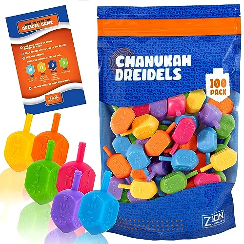 Zion Judaica Hanukkah Plastic Dreidels Hebrew with English Transliteration Bulk Pack Chanukah Driedels Hanukah Game Spinning Tops Chanukah Fun in Resealable Ziplock Bag (100 Pack)