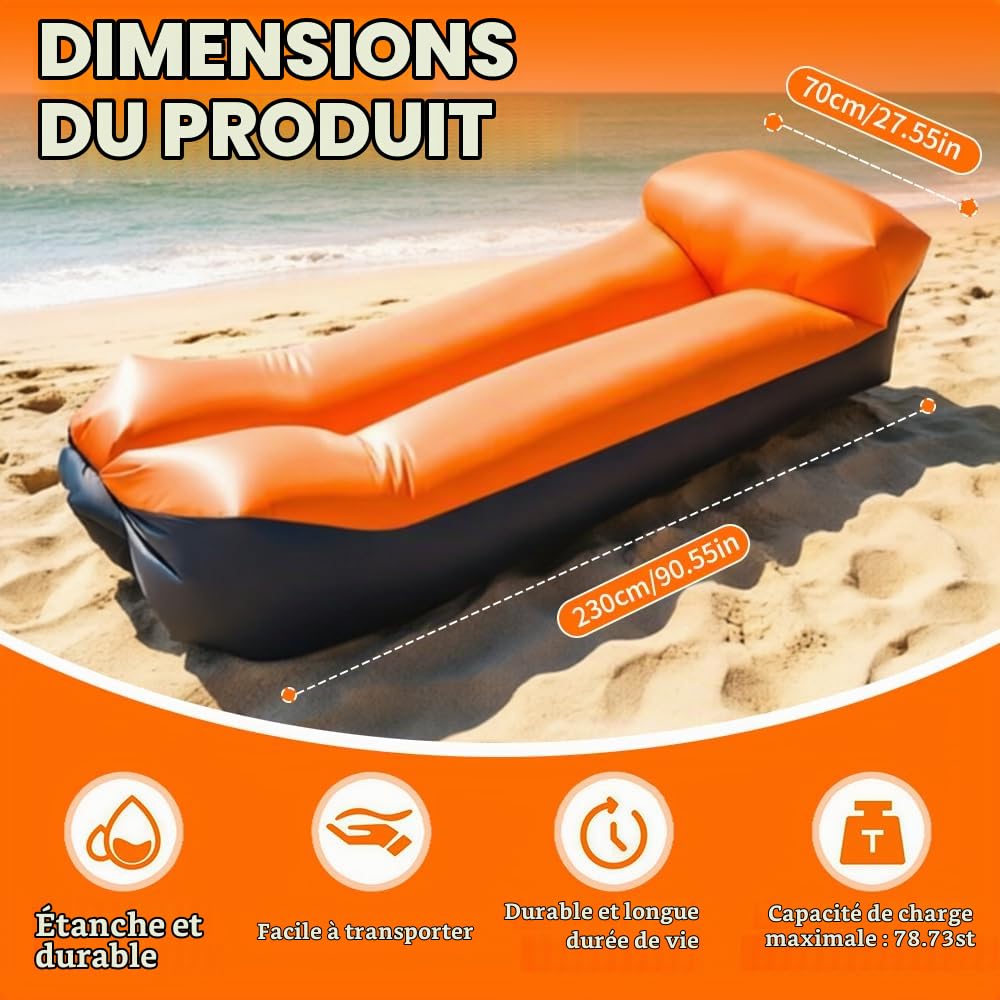 Canapé Gonflable, 230 x 70 cm Hamac Gonflable, Imperméable Canapé Gonflable Camping avec Un Sac de Transport Confortable Portable Idéal pour Le Camping, la Plage, Le Parc et Les Voyages