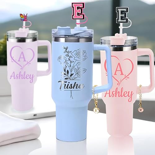 Miniatura 4 de (3+2) 3 fundas de popote para copa Stanley de 30 y 40 onzas, 0.394 in, con 2 accesorios de copa Stanley, dijes de letras con nombre de