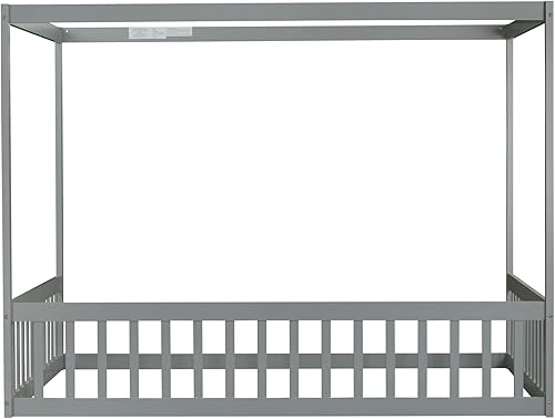 Miniatura 4 de Bellemave Marco de cama con dosel completo, cama Montessori, plataforma con dosel para niños, gris sin listones Gris sin listones,Natural con