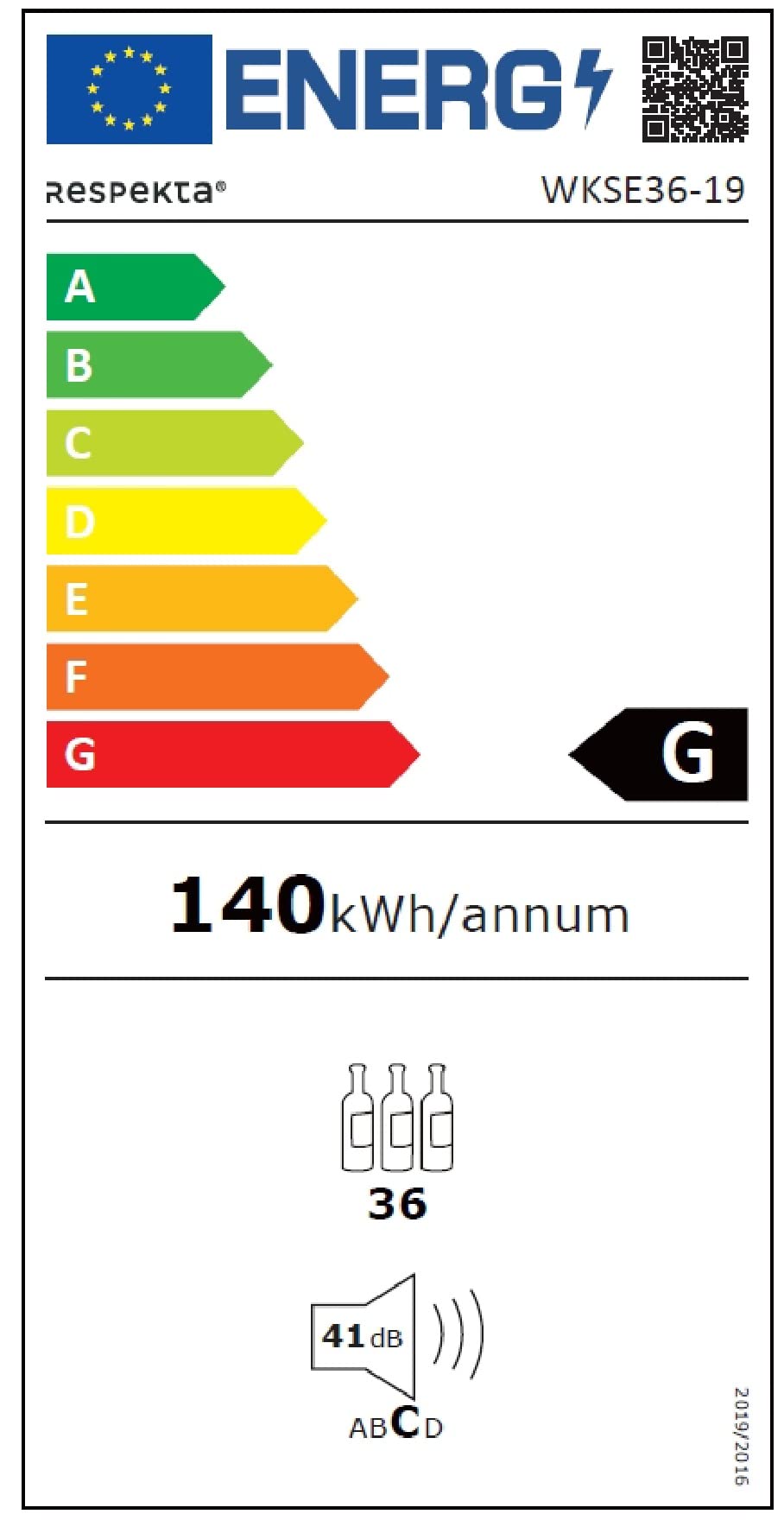 respekta Frigorifero da incasso per vino per 36 bottiglie / 85 L di capacità / 2 zone di temperatura, da 5°-22°C ciascuna/Controllo touch/Luce LED/Cerniera reversibile/Max. 41 dB/WKSE 36-19